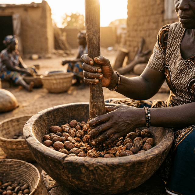 shea nuts in a traditional wooden bowl surrounded by warm golden light