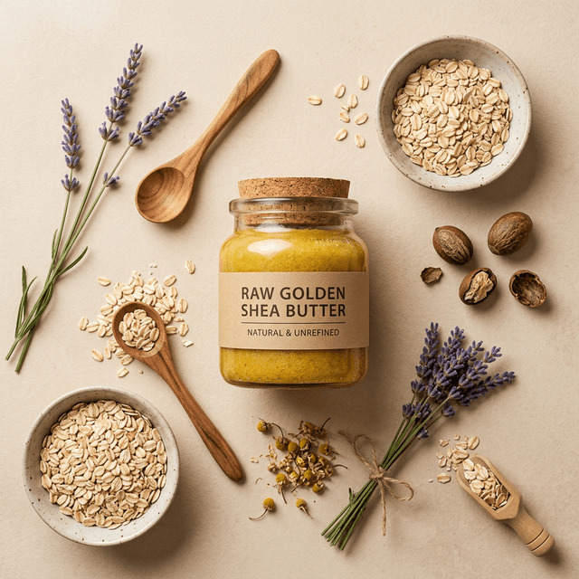 hands scooping raw shea butter from a jar with warm golden lighting